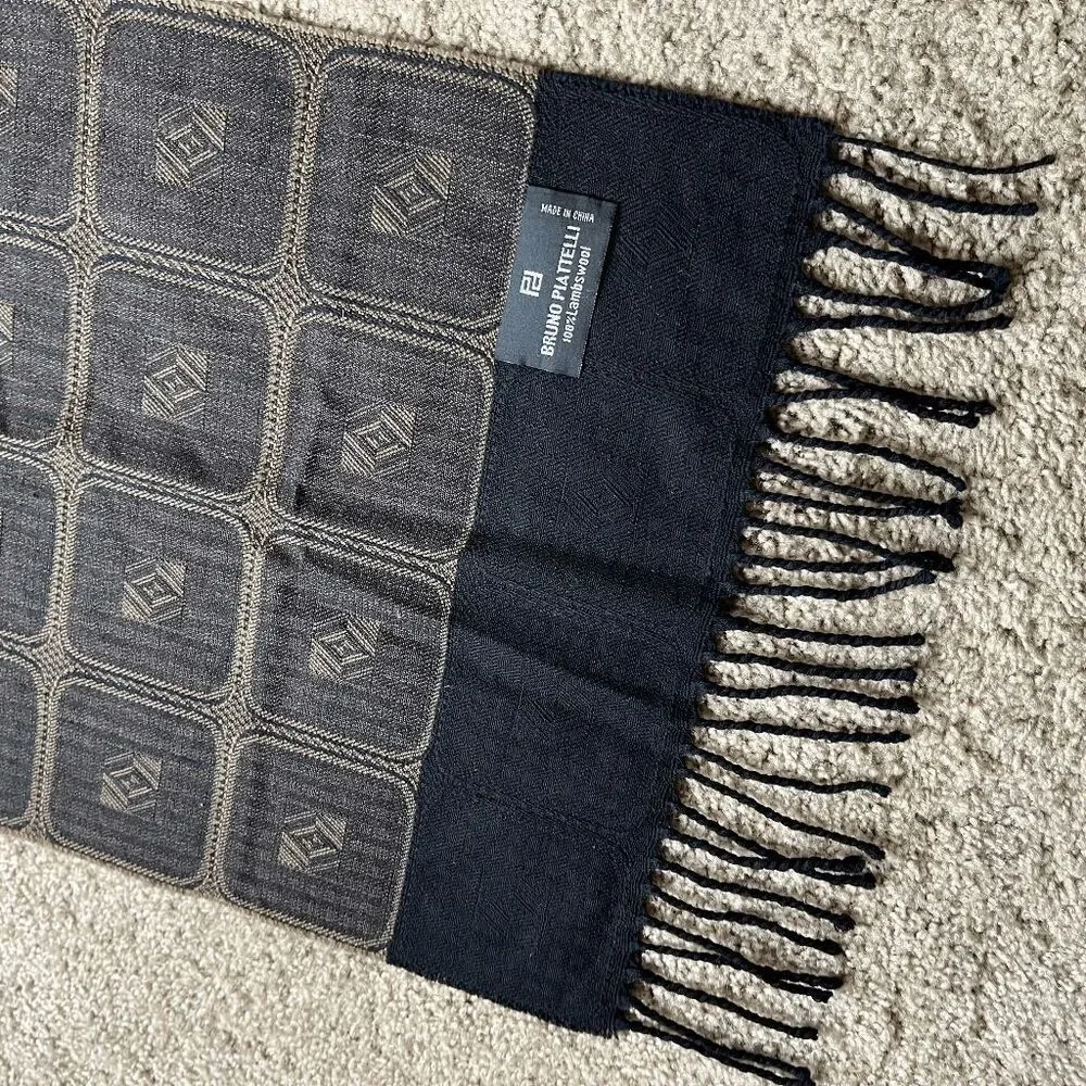VTG Bruno Piattelli Lambswool Scarf Brown Jacquard Geometric Fringe Italy